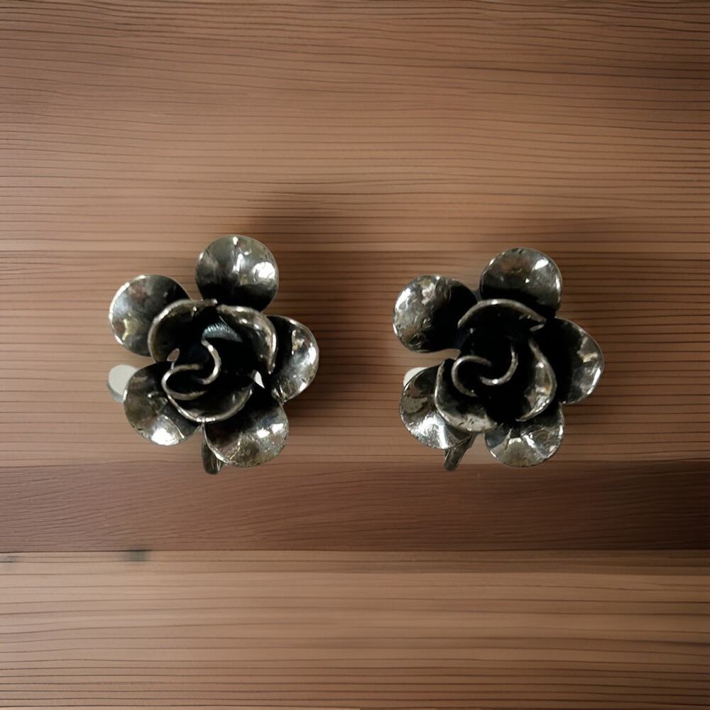 Lovely Sterling Rose Screw Back Earrings By Jewel Art